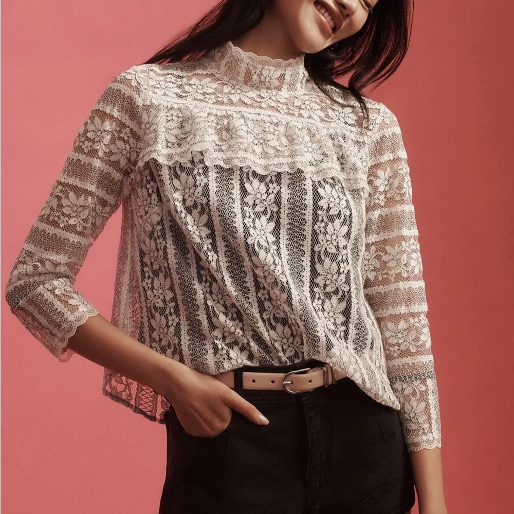 Anthropologie Mock Neck Long-Sleeve Lace Top Cream Black Sz L NEW